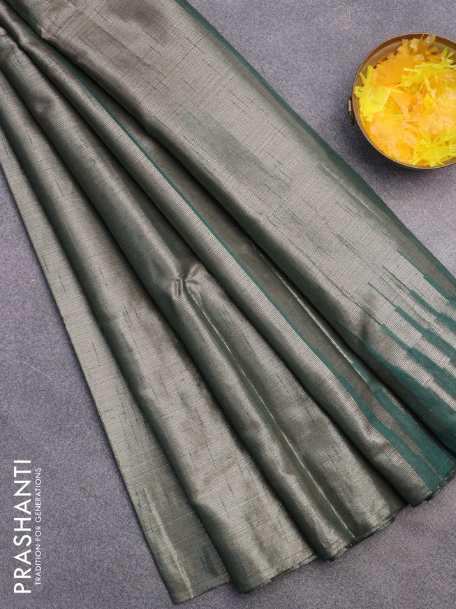 Banarasi matka tissue saree green with plain body and long temple design zari woven border