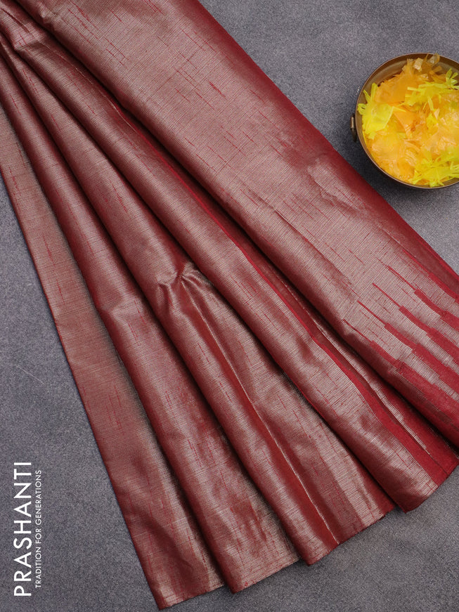 Banarasi matka tissue saree maroon with plain body and long temple design zari woven border