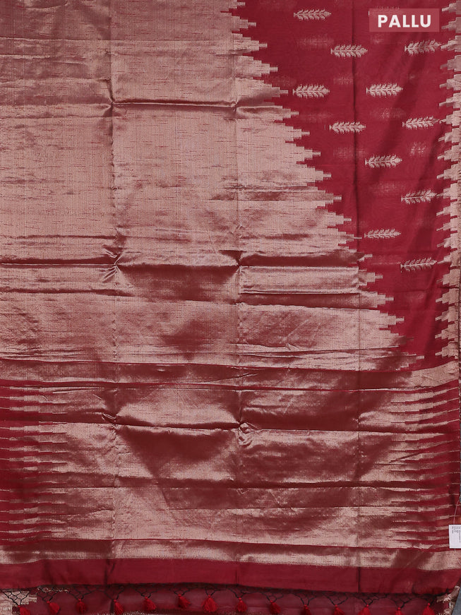 Banarasi matka tissue saree maroon with plain body and long temple design zari woven border