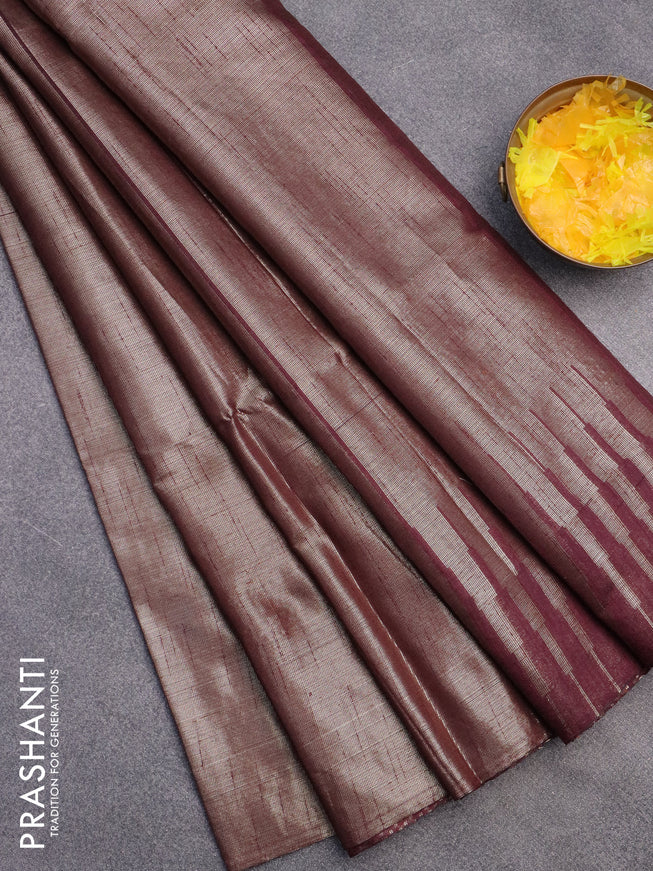 Banarasi matka tissue saree wine shade with plain body and long temple design zari woven border