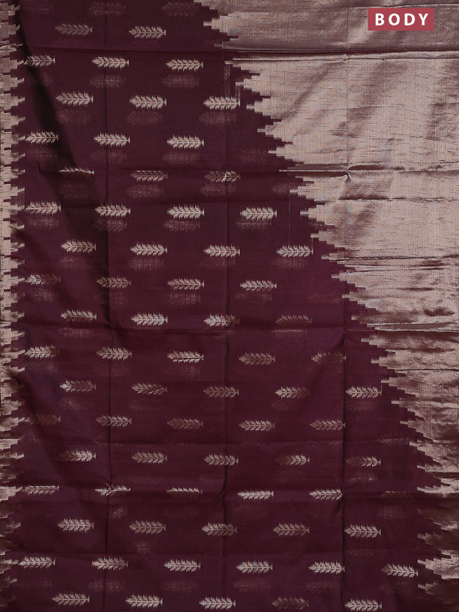 Banarasi matka tissue saree wine shade with plain body and long temple design zari woven border