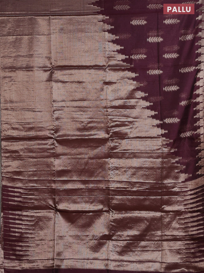 Banarasi matka tissue saree wine shade with plain body and long temple design zari woven border