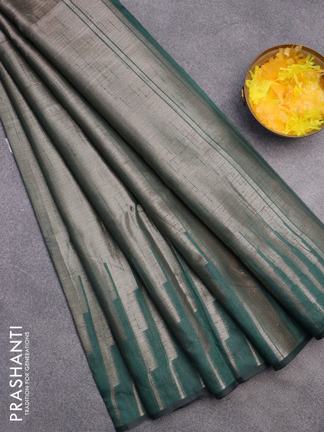 Banarasi matka tissue saree green with plain body and long temple design zari woven border