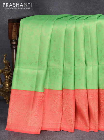 Banarasi softy silk saree light green and red with allover silver zari woven brocade weaves and silver zari woven border