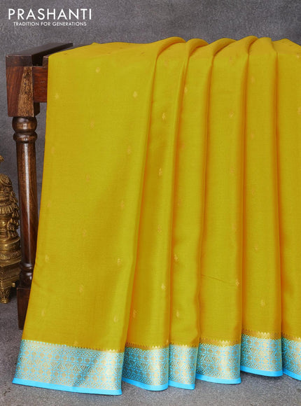 Pure mysore silk saree yellow and light blue with allover zari woven buttas and zari woven border