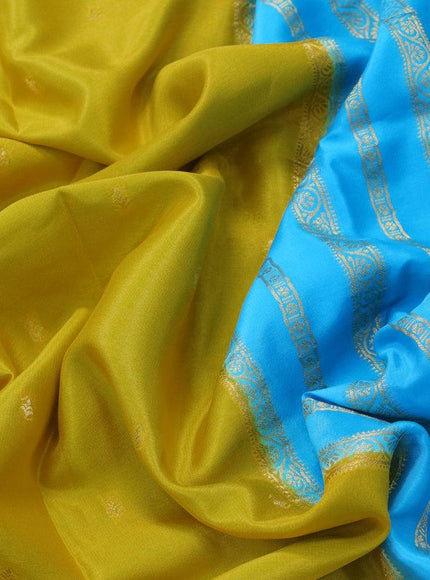 Pure mysore silk saree yellow and light blue with allover zari woven buttas and zari woven border