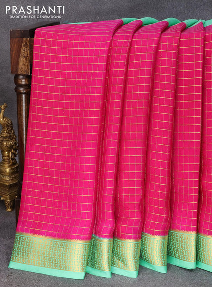 Pure mysore silk saree pink and teal green with allover zari checked pattern and zari woven border