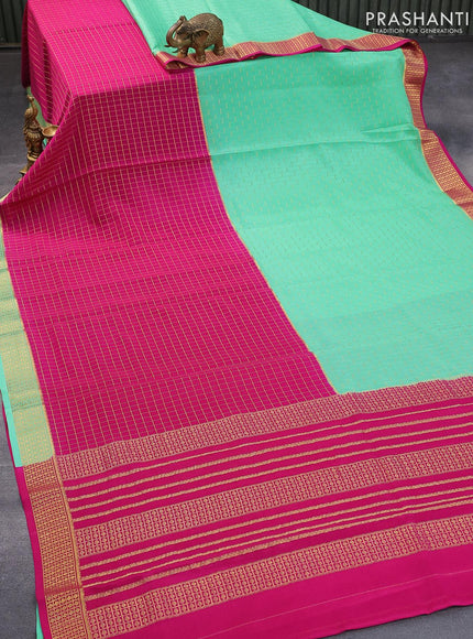 Pure mysore silk saree pink and teal green with allover zari checked pattern and zari woven border