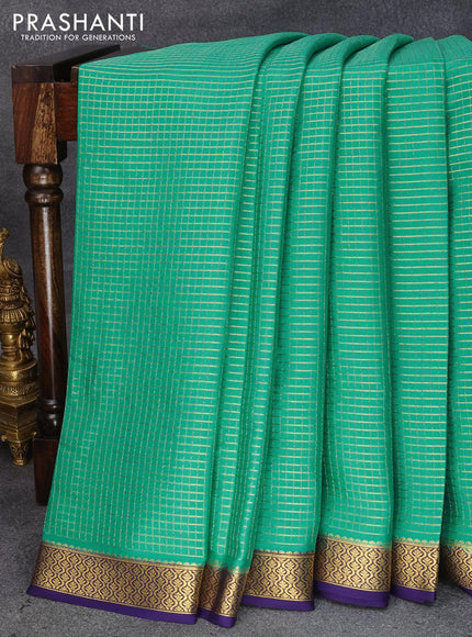 Pure mysore silk saree teal green and blue with allover small zari checked pattern and zari woven border