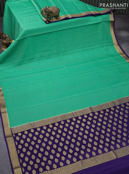 Pure mysore silk saree teal green and blue with allover small zari checked pattern and zari woven border