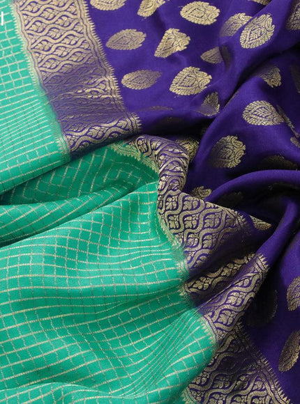 Pure mysore silk saree teal green and blue with allover small zari checked pattern and zari woven border