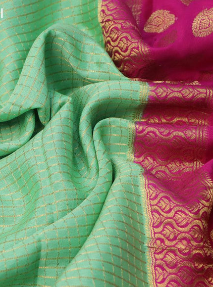 Pure mysore silk saree teal green shade and pink with allover small zari checked pattern and zari woven border