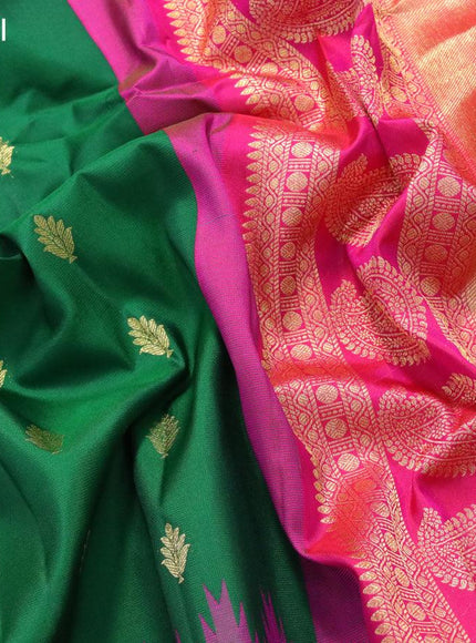 Pure gadwal silk saree green and pink with zari woven buttas and temple design long zari woven border