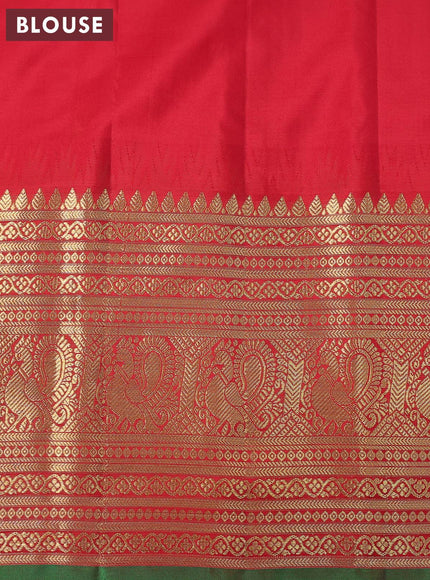 Pure gadwal silk saree light green and red with zari woven buttas and temple design annam zari woven border