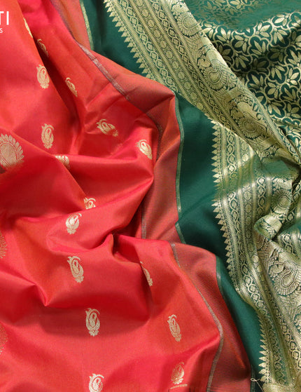 Pure gadwal silk saree orange and green with zari woven buttas and temple design long zari woven border