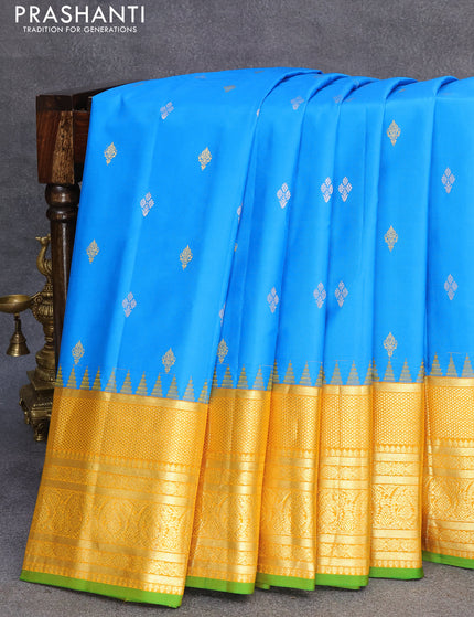 Pure gadwal silk saree cs blue and yellow with zari woven buttas and long zari woven border