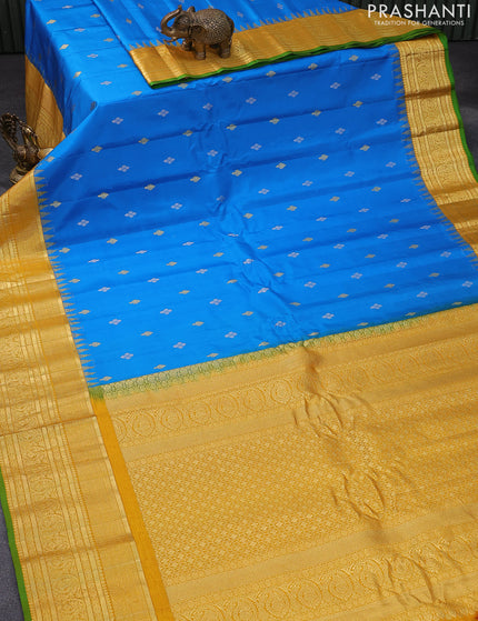 Pure gadwal silk saree cs blue and yellow with zari woven buttas and long zari woven border