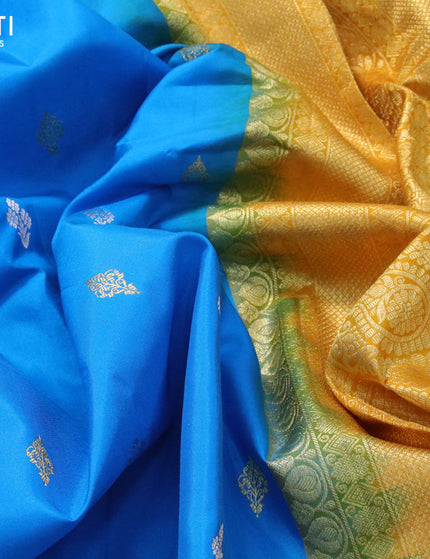 Pure gadwal silk saree cs blue and yellow with zari woven buttas and long zari woven border