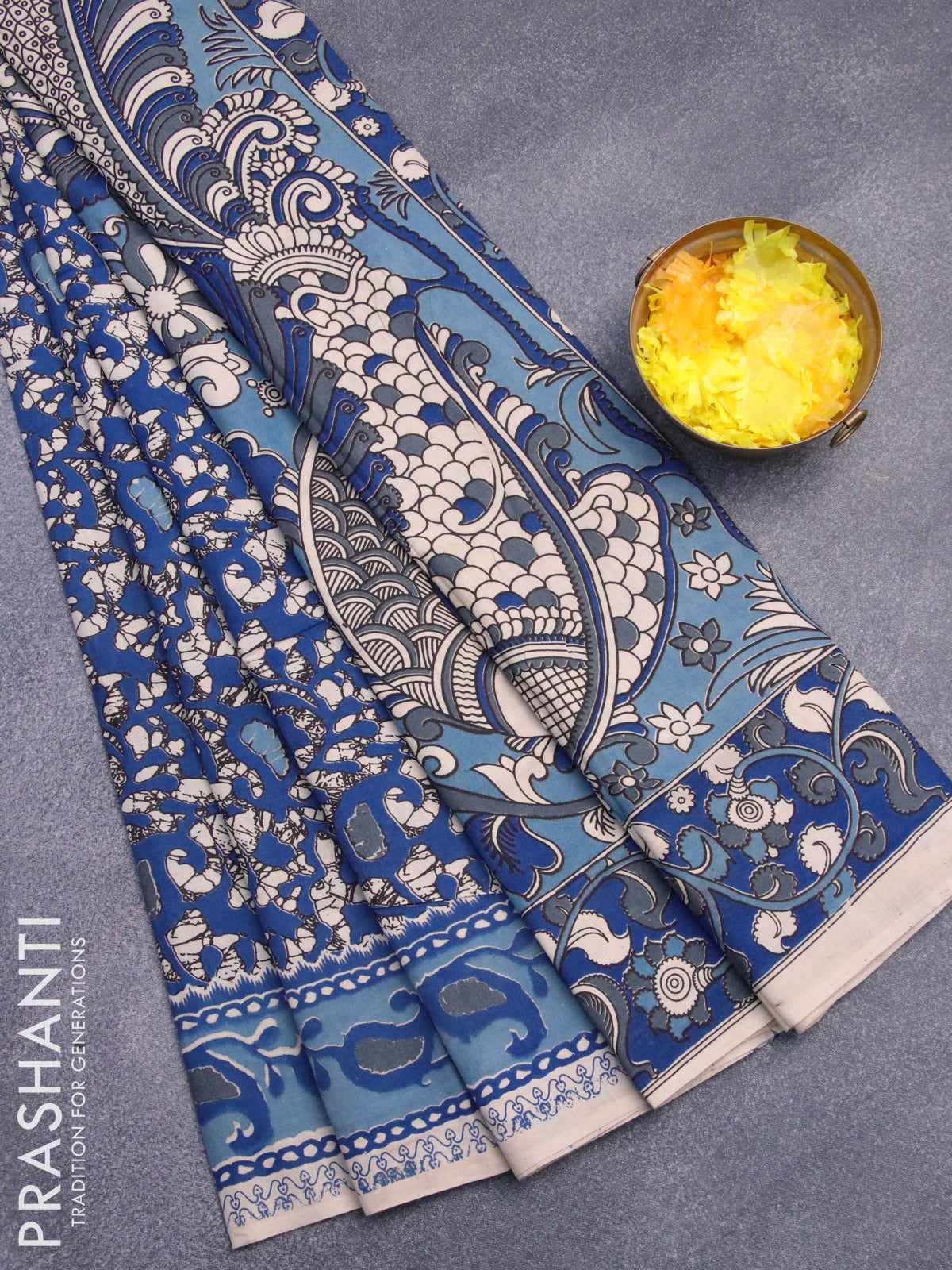 Semi matka saree grey and green with allover kalamkari prints and zari – Prashanti  Sarees