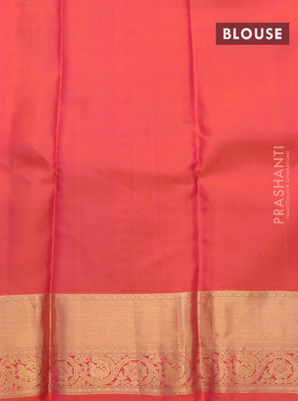 Pure kanjivaram silk saree green and dual shade of pinkish orange with annam zari woven buttas and zari woven border & Butta style