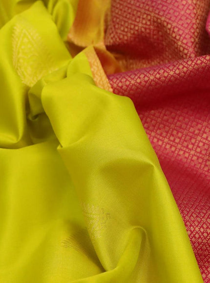 Pure kanjivaram silk saree yellow and pink with zari woven geometric buttas and simple border & Butta style