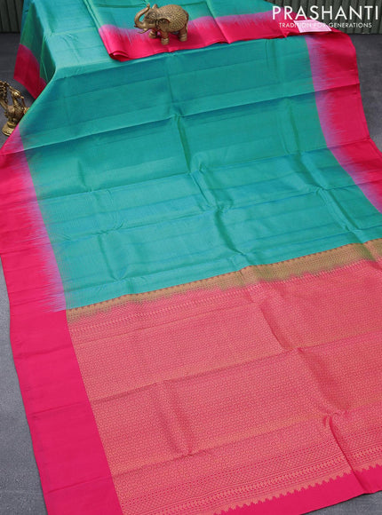 Pure kanjivaram silk saree dual shade of teal bluish green and pink with allover thread woven checked pattern and simple border & Checks