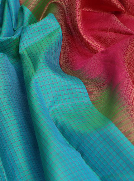 Pure kanjivaram silk saree dual shade of teal bluish green and pink with allover thread woven checked pattern and simple border & Checks