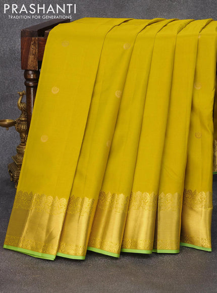 Pure kanjivaram silk saree lime yellow and pista green with zari woven buttas and zari woven border & Butta style