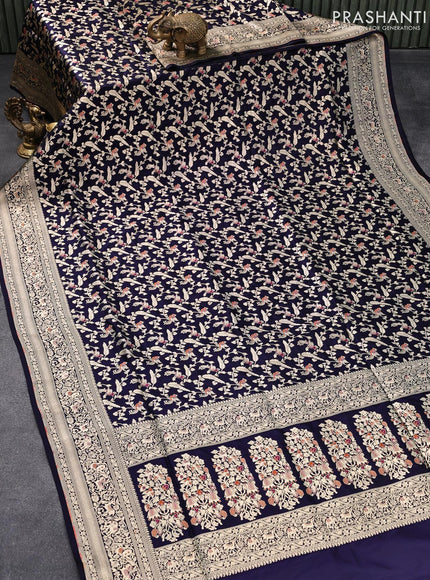 Banarasi uppada silk saree navy blue with allover zari woven brocade weaves and rich floral zari woven border