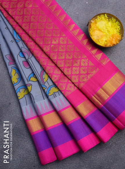 Silk cotton saree grey and pink with allover pichwai prints and temple design zari woven simple border