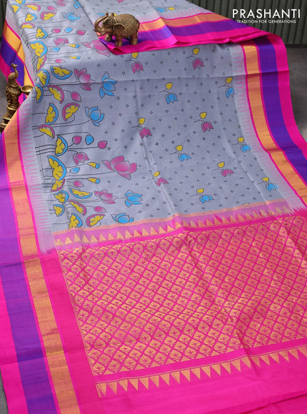 Silk cotton saree grey and pink with allover pichwai prints and temple design zari woven simple border