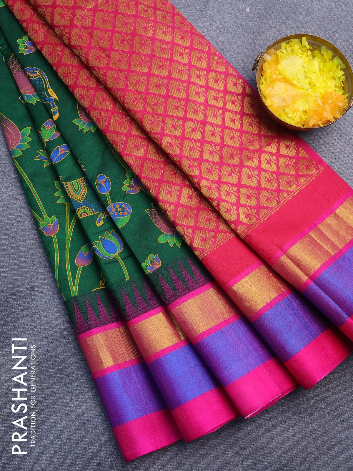 Silk cotton saree green and pik with allover pichwai prints and temple ...