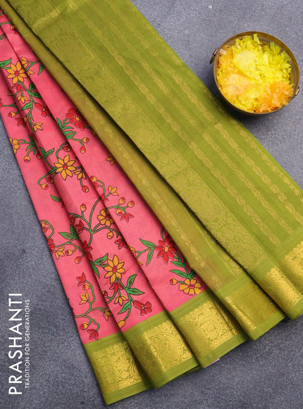 Silk cotton saree pink and mehendi green with allover floral prints and zari woven border