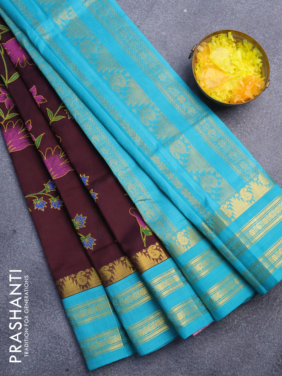 Silk cotton saree brown and teal blue with allover floral prints