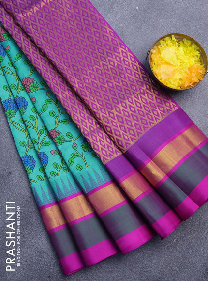 Silk cotton saree teal blue and purple with allover prints and temple design zari woven simple border