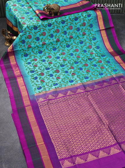 Silk cotton saree teal blue and purple with allover prints and temple design zari woven simple border