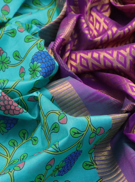 Silk cotton saree teal blue and purple with allover prints and temple design zari woven simple border