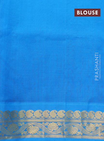 Silk cotton saree light green and cs blue with allover kalamkari prints and paisley zari woven border