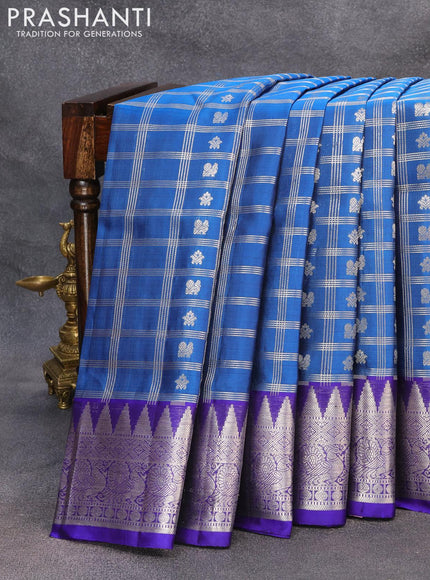 Venkatagiri silk saree peacock blue and blue with allover silver zari checks & buttas and rich temple design annam silver zari woven border