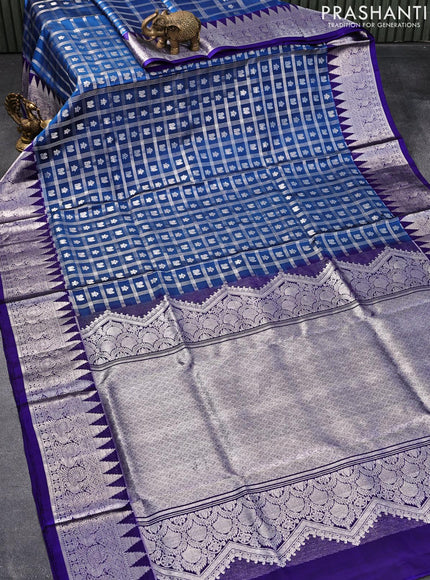 Venkatagiri silk saree peacock blue and blue with allover silver zari checks & buttas and rich temple design annam silver zari woven border