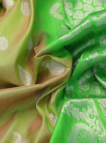 Venkatagiri silk saree dual shade of light greenish pink and parrot green with silver zari woven buttas and peacock silver zari woven border