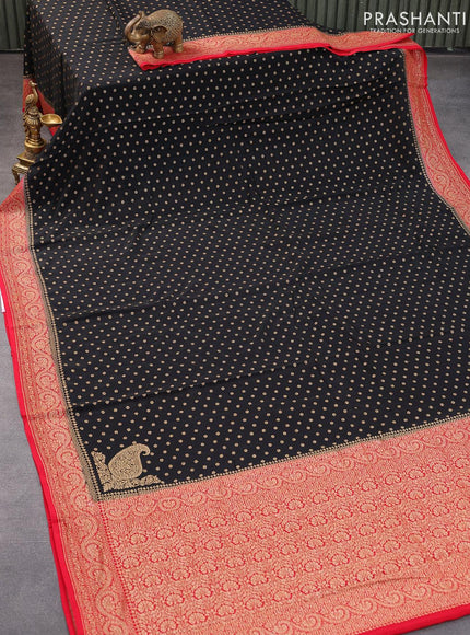 Pure banarasi crepe silk saree black and red with allover thread & zari woven buttas and woven border