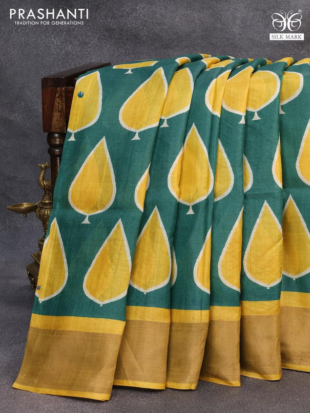 Pure tussar silk saree green and mustard yellow with allover butta prints & mirror cut work pallu and zari woven border