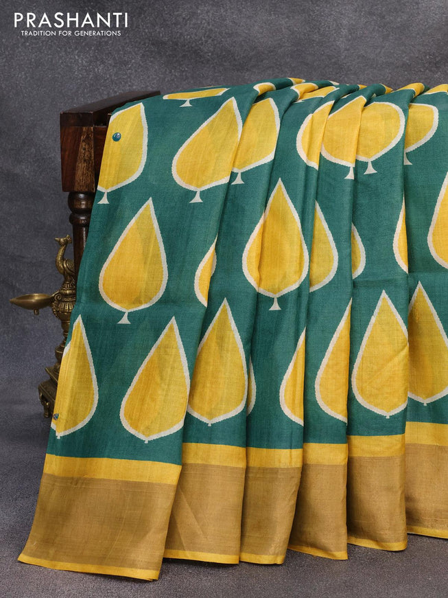 Pure tussar silk saree green and mustard yellow with allover butta prints & mirror cut work pallu and zari woven border