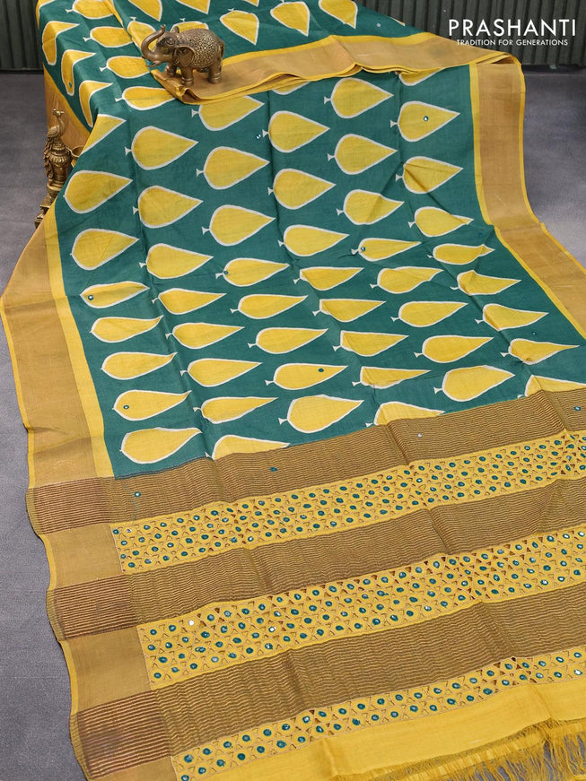 Pure tussar silk saree green and mustard yellow with allover butta prints & mirror cut work pallu and zari woven border