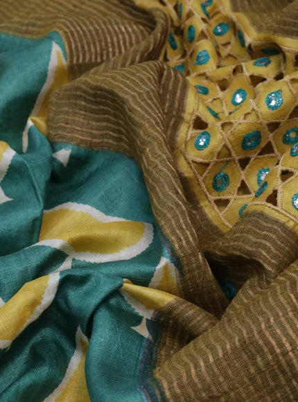 Pure tussar silk saree green and mustard yellow with allover butta prints & mirror cut work pallu and zari woven border