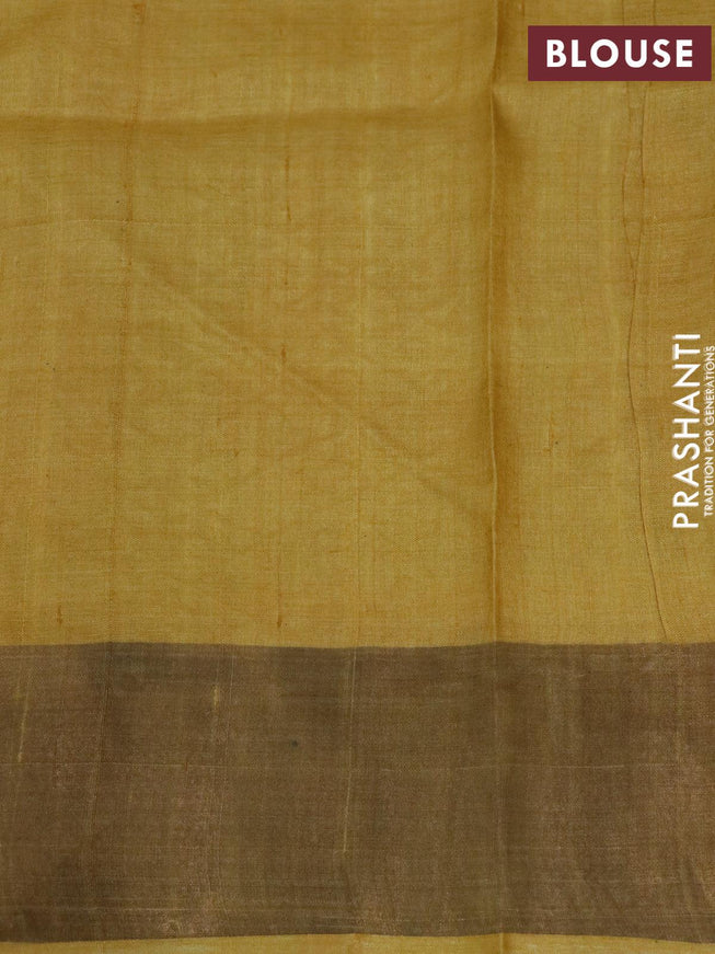 Pure tussar silk saree green and mustard yellow with allover butta prints & mirror cut work pallu and zari woven border