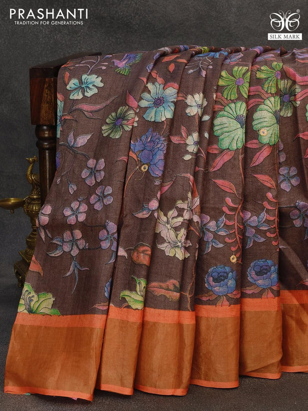 Pure tussar silk saree brown and rustic orange with allover floral prints & mirror cut work pallu and zari woven border