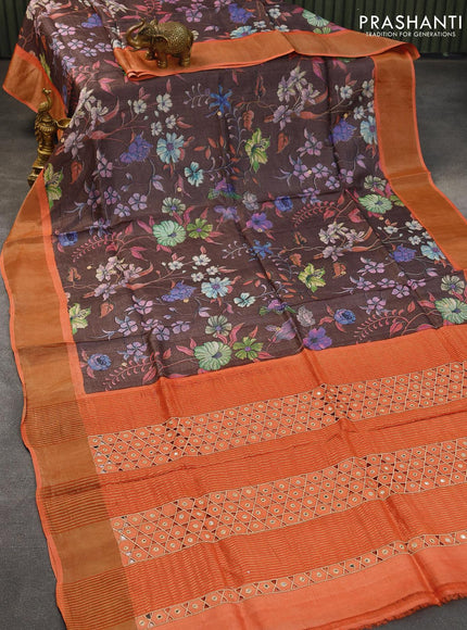 Pure tussar silk saree brown and rustic orange with allover floral prints & mirror cut work pallu and zari woven border