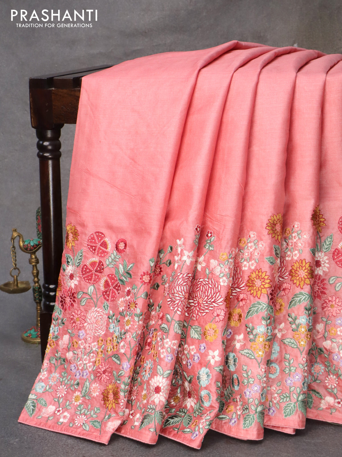 Pure tussar silk saree peach pink with plain body and long floral